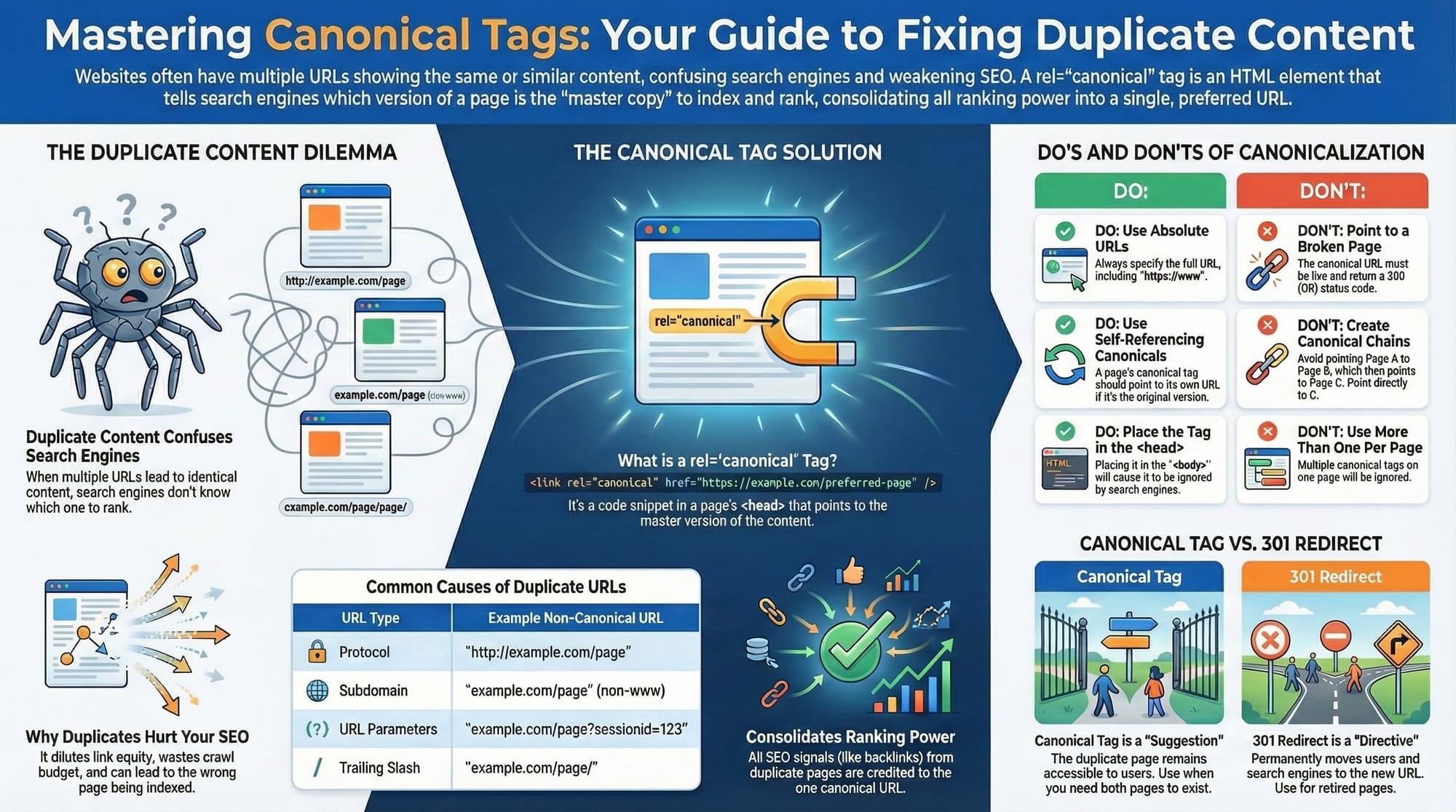 Infographic "Mastering Canonical Tags": Guide to fixing duplicate content, defining the tag, listing causes, Do's/Don'ts, and comparing canonical tags to 301 redirects for SEO.