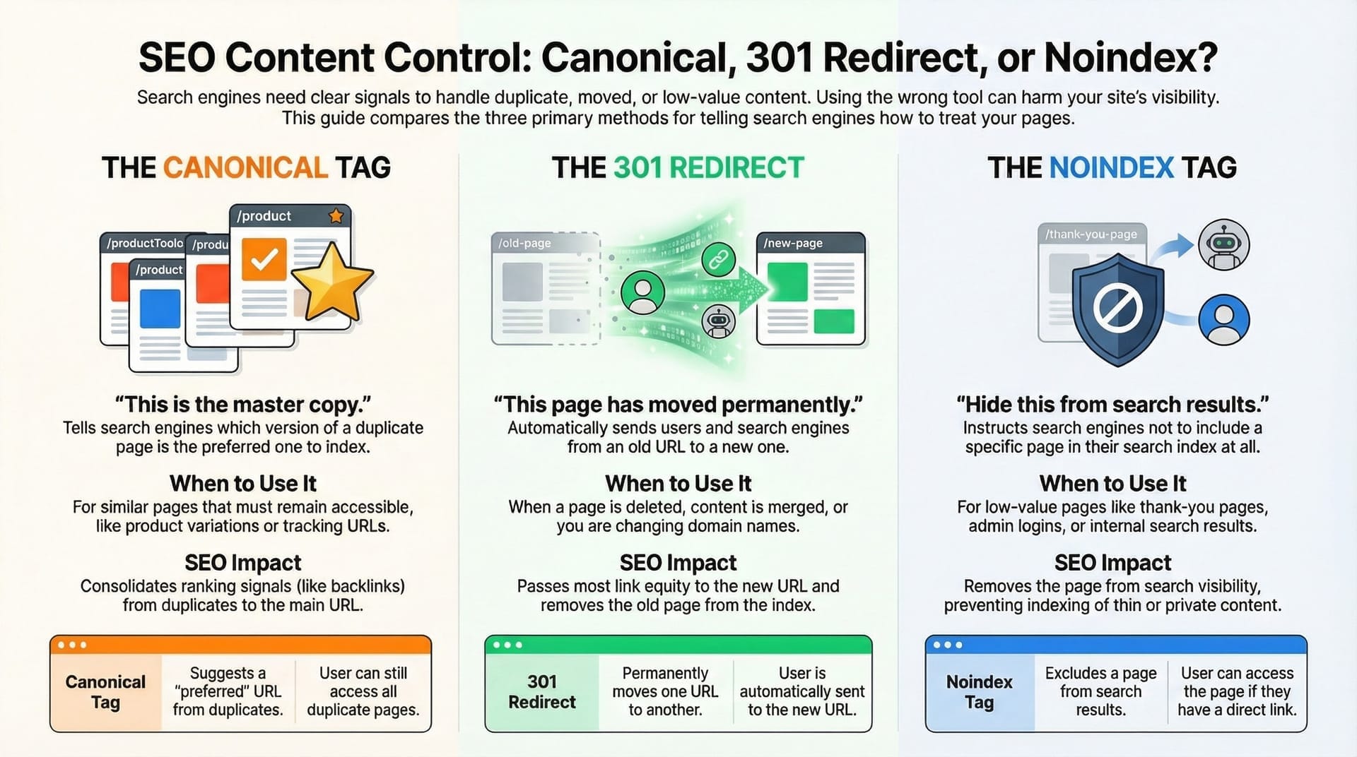 Visual guide comparing SEO content controls: Canonical tags group duplicates, 301 redirects move users to new URLs, and Noindex tags hide low-value pages from search results.