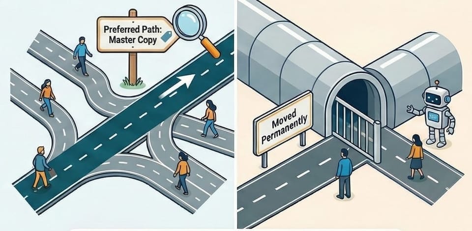Visual metaphor for URL redirection: A Canonical Tag is shown as a preferred path for merging traffic, while a 301 Redirect is depicted as a permanent detour guided by a search engine bot.